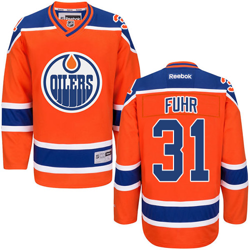 Mens Reebok Edmonton Oilers 31 Grant Fuhr Authentic Orange Third NHL Jersey